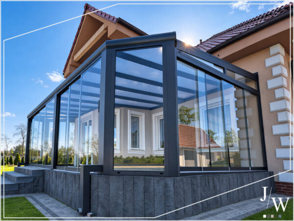Hochwertige Wintergarten-Realisierung von JW Company mit Glas-Schiebesystem und Anthrazit-Konstruktion Großer hochwertiger Wintergarten aus Polen, Realisierung von JW Company mit Glas-Schiebesystem und Anthrazit Konstruktion an einem Haus in Czarnów