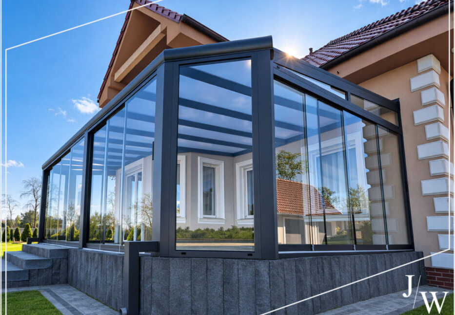 Hochwertige Wintergarten-Realisierung von JW Company mit Glas-Schiebesystem und Anthrazit-Konstruktion Großer hochwertiger Wintergarten aus Polen, Realisierung von JW Company mit Glas-Schiebesystem und Anthrazit Konstruktion an einem Haus in Czarnów
