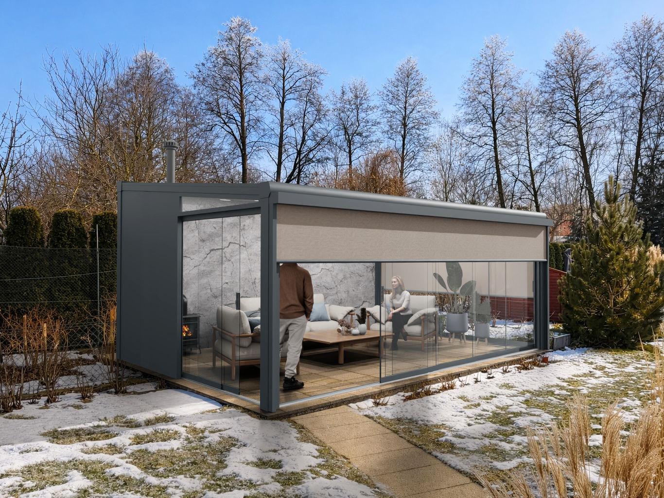 visualisierung Freistehender Wintergarten in einem Garten im Winter - Visualisierung
